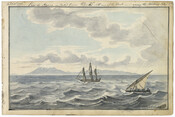 Watercolor on paper of "Pico di Azores with one of the boats used among the Western Isles", February 13, 1796, from the Latrobe Sketchbooks, by Benjamin Henry Latrobe. The scene features two different types of sailing ships in the foreground. In the background is a blue sky, clouds, and Pico Island, one of nine islands…