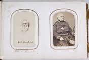 Two undated carte de visite portraits of Civil War generals Joseph K. Mansfield and Winfield Scott. On the left is a drawn portrait of Mansfield's head and shoulders with "Genl. Mansfield / Fell at Antietam" written beneath. To the right is a photograph of Scott seated in his uniform. The portraits are mounted on a…