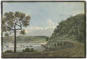 Watercolor on paper drawing of "View of the Potomac about a mile above George town," 1798, from the Latrobe Sketchbooks, by Benjamin Henry Latrobe. This scene features a long curvy dirt road stretching along a wooded hillside. One of the banks is Washington, D.C., the other is Virginia, and the Potomac River runs between them.…