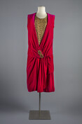Raspberry velvet flapper-style evening tube dress with golden metallic embroidered insert in bodice.