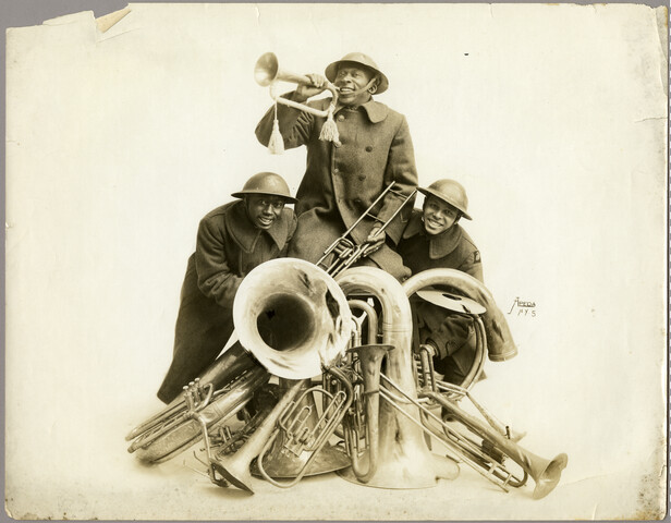 Group portrait of James Reese Europe and ‘Hellfighters Band’ members — 1919
