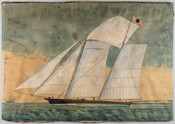 Watercolor on paper, mounted on canvas drawing of "Commerce of Baltimore", ca. 1840-1846, by an unknown artist. This is a seascape depicting the pilot schooner "Commerce" of Baltimore at sea, with five sailors on board, and at least one of them African American. At right, and in the background, there is a point of land…