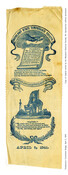 A Maryland State Temperance Society ribbon displaying the society's pledge at the top and the date of formation, April 5, 1841, at the bottom. Two quotes also appear on the ribbon, as well as the phrase "Cold water our countrys best beverage" in the very center.