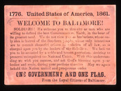 A printed address from a committee of citizens in Baltimore, Maryland, who were loyal to the Union during the American Civil War. This address was distributed to passing regiments to express their sympathy and solidarity with the North, especially after the Baltimore riot of 1861.Full transcription:1776. United States of America. 1861. / Welcome to Baltimore!…