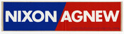 Bumper sticker promoting the re-election of Republican Party candidates President Nixon and Vice President Agnew. The design features the two names in white text on a blue and red background. The sticker was sponsored by Paul Barrick, treasurer for the Committee to Re-Elect the President during the 1972 presidential election.