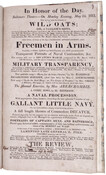 Baltimore Theatre playbill for Monday evening, May 24, 1813. Includes information for the comedy "Wild Oats; or, a Sailor's Sons," a musical performance titled "Freemen in Arms," and a farce known as "The Review."