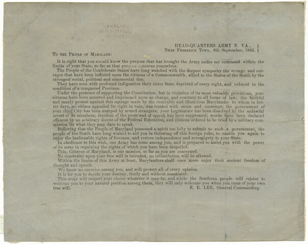 Proclamation of General Robert E. Lee to the people of Maryland — 1862-09-08