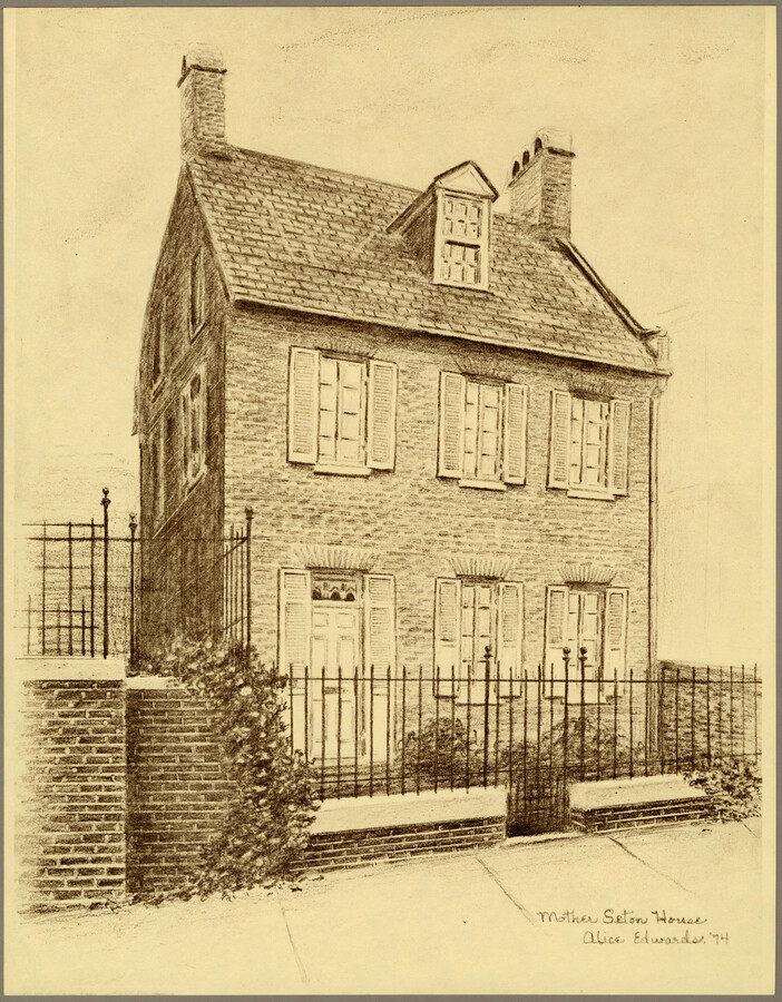 Print of Mother Seton House, a historic home located at 600 North Paca Street on the grounds of St. Mary's Seminary in Baltimore, Maryland.