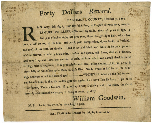 $40 reward for Samuel Phillips — 1777-10-05