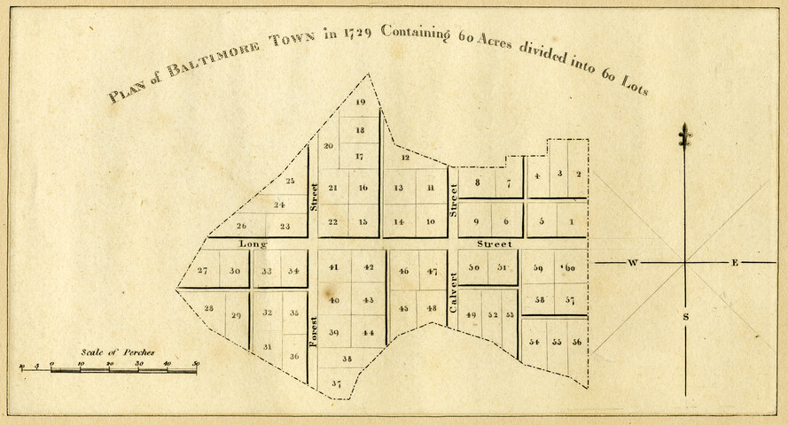 Plan of Baltimore Town in 1729 containing 60 acres divided into 60 lots — circa 1823