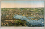 A bird's eye view of Baltimore, Maryland. Includes a view of the Baltimore harbor, the Jones Falls River, and the surrounding city. Steam boats and sailing ships can be seen in the harbor.