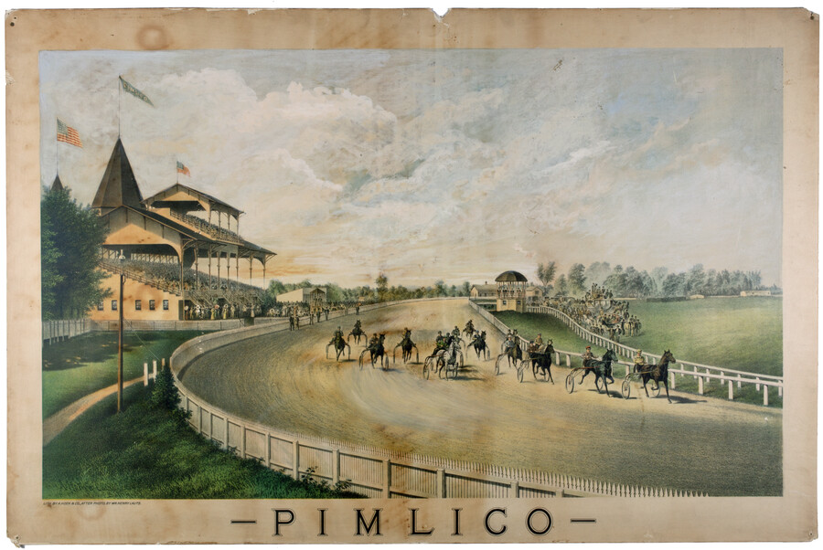 A print of Pimlico Racecourse in Baltimore, Maryland, created after a photograph by Mr. Henry Lauts. A harness race is depicted with onlookers in the stands and infield.