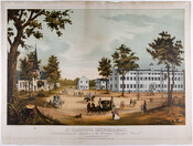 The image is captioned, "A classical & commercial Institution of the Protestant Episcopal Church; Catonsville, Baltimore County, Md. Published for the benefit of St. Timothy's Church." The scene is of the church, the church hall, and outlying buildings. The street in front is busy with people and carriages.