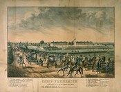 Print of Camp Frederick, depicting various military groups on parade and civilian spectators. Caption reads, "Held on the 6th. 7th. 8th. 9th. & 10th. of June 1843 / Col. James M. Coale, Acting Brig. General & Commander in Chief." Beneath the image is a list of the various groups and officers stationed at the camp.