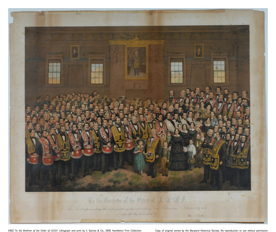 Color print dedicated to the Independent Order of Odd Fellows (I. O. O. F.) and captioned, "This print representing the distinguishing characteristics of Odd Fellowship Benevolence, is respectfully dedicated by the Author." The scene depicts a large group of Odd Fellows standing in a hall with windows and portraits behind them. The men are all…