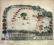 A depiction of the Battle of North Point during the War of 1812. The piece is fully titled, "First View of the Battle of Patapsco Neck, Dedicated to Those Who Lost Their Friends in Defence of Their Country September 12, 1814." Beneath the image are references to the locations of fourteen regiments.