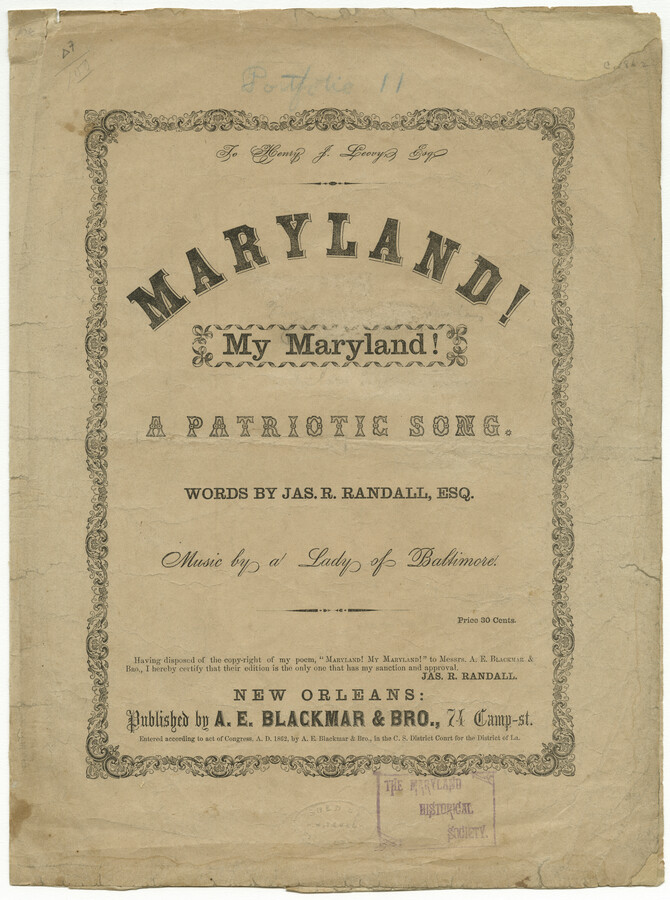 Sheet music for the Maryland state song "Maryland! My Maryland!" The song is set to the melody of "Lauriger Horatius" with lyrics from a nine-stanza poem by James Ryder Randall. The song was adopted as the state song by the Maryland general assembly in 1939.