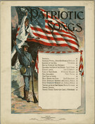 The cover of a collection of patriotic song scores depicting a large American flag flying behind a Navy sailor and an Army soldier. The collection's table of contents includes the "Star Spangled Banner," "Yankee Doodle," and other national songs. The "Star Spangled Banner" score begins on page 35 and comprises three pages of music for…