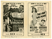 A Rex Theatre playbill for June, 1942. The Rex Theatre opened in 1933 on York Road in Baltimore, Maryland. The cover advertises the film "The Lady Has Plans" while the back advertises "The Vanishing Virginian." Inside are advertisements for "No Hands on the Clock" and "The Spoilers."