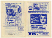 A Rex Theatre playbill for July, 1949. The Rex Theatre opened in 1933 on York Road in Baltimore, Maryland. The cover advertises "Joan of Arc," starring Ingrid Bergman, as well as "Flamingo Road," starring Joan Crawford. Inside contains advertisements for "Angel and the Badman" with John Wayne, "Three Little Girls in Blue," "El Paso," "The…
