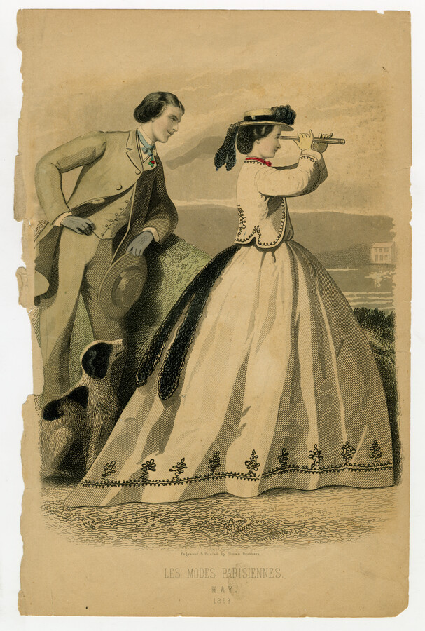 A page from the monthly fashion magazine Les Modes Parisiennes featuring a fashion plate of a man standing beside a woman gazing through a spyglass. The man wears a light-colored suit and the woman dons a large white dress and a hat. A dog sits at their feet.