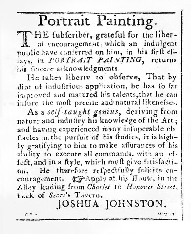 Joshua Johnson portrait painting advertisement — 1798-12-19