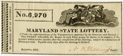 A Maryland State Lottery ticket, numbered 6,970. Printed on the left of the ticket is "By special act of assembly." On the right is an image of two men sitting beside the Maryland flag with an eagle above them. At the center is "Maryland State Lottery. (Under the superintendance of the Commissioners appointed by the…