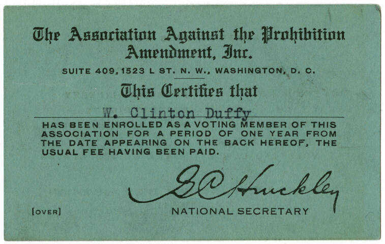 The Association Against the Prohibition Amendment membership card for W. Clinton Duffy — 1927-01-14