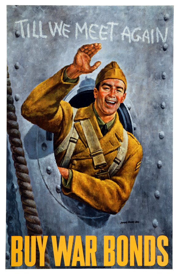 A poster depicting a World War II soldier in a khaki uniform leaning out of a porthole, smiling and waving. The poster is urging viewers to purchase war bonds.