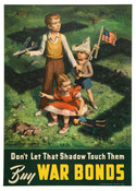 A poster depicting three American children playing in the grass under the shadow of a swastika. One boy holds a toy plane, the other wears a paper hat and waves an American flag, and the girl sits on the grass beside a doll.