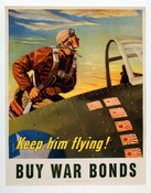 A poster depicting an American pilot standing in the cockpit of a plane and looking off into the distance. There are six small Japanese flags on the side of the plane.