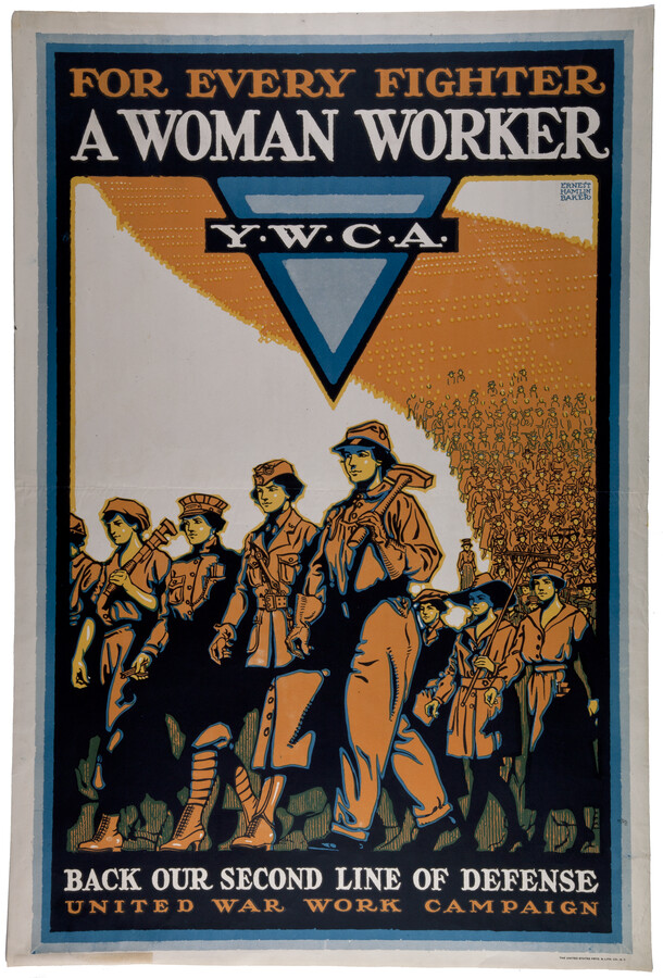A poster showing women in various professional uniforms marching together. These women are considered the "second line of defense" behind the soldiers on the front lines.