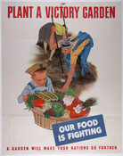 A poster depicting a man and woman bent over, working in a garden, while a boy wearing a military hat peers into a basket full of vegetables.
