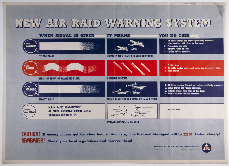 A poster providing instructions for the air raid warning system with the three columns 'When Signal is Given - It Means - You do This.' First is Blue Warning, a steady blast, meaning enemy planes headed in your direction. Second is Red Danger, a series of short or wavering blasts, meaning bombing expected. Third is…