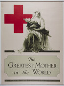 A poster depicting a Red Cross nurse holding a wounded soldier on a stretcher. The poster was issued during World War I to encourage support of the war.