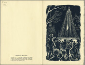 A card featuring the artwork of Betty Wells that depicts a crowd viewing the lights illuminating the Washington Monument in Mount Vernon Place, Baltimore, Maryland. A tradition since 1971, the Washington Monument is decorated in lights in December to celebrate the holiday season. Verso transcription: Washington Monument / Christmas, 1973 — a new image for…