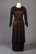 Silk chiffon and silk satin dress worn by Mary George White Bates (1885–1963). Two-tiered skirts were popular during the 1910s, with the bottom layer appearing tailored in contrast to the gauzy, diaphanous overlay. Following the decade’s adoration for decorated fabrics, Mary George White Bates’s dress is embellished with jet beading arranged in geometric patterns that…