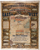 A promotional broadside for the Baltimore and Ohio Railroad featuring maps, a distance table, and images of points of interest along the route. These points include: Elysville Bridge, Point of Rocks, Harpers Ferry, Martinsburg, Cumberland, Cincinnati, St. Louis, Fairmount, Monongahela Bridge, The Viaduct of Cheat River Grade, Cheat River, and Oakland.