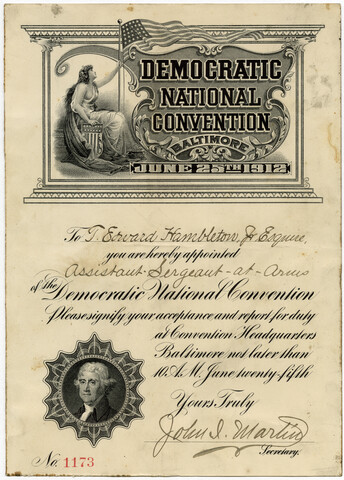 Democratic National Convention appointment letter from John I. Martin to T. Edward Hambleton — 1912-06-25