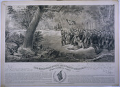 Depiction of the First Maryland Regiment's charge at Harrisonburg, Virginia, during the American Civil War. The charge resulted in Confederate cavalry commander Turner Ashby, Jr.'s death. A description of the June 6, 1862 event is printed beneath the image. The print was originally produced to raise funds for a monument in Baltimore to the Maryland…