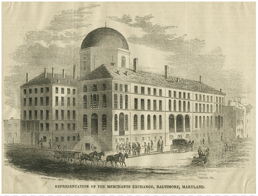 Depiction of the Merchants' Exchange in Baltimore, Maryland, once located at the southwest corner of Gay and Water Streets. Designed by Benjamin Latrobe in collaboration with Maximilien Godefroy, the building was constructed circa 1815-1820. It had a Greco-Roman design, with a dome that was a landmark in the city during the building's existence. The dome…