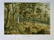 Color print depicting Confederate graves at Loudon Park Cemetery in Baltimore, Maryland. A subsection of the cemetery has been federally owned since 1961 and is known as Loudon Park National Cemetery. This section holds the remains of over two-thousand Union soldiers and 650 Confederate soldiers killed during the American Civil War.