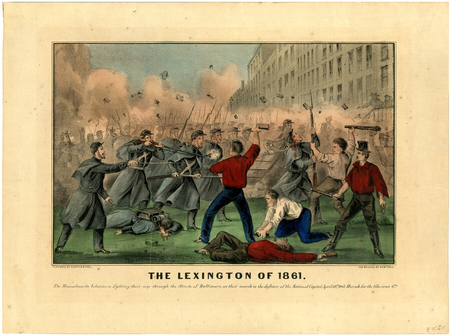 Lithographic print captioned, "The Massachusetts Volunteers fighting their way through the Streets of Baltimore, on their march to the defence of the National Capitol April 19th, 1861. Hurrah for the Glorious 6th." The event came to be known as the Baltimore riot of 1961, and it resulted in the first casualties by hostile action of…