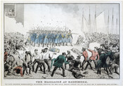A color print depicting the Baltimore riot of 1861, which resulted in the first deaths by hostile action of the American Civil War. The print shows a group of armed Union soldiers surrounded by a mob of civilians. While the soldiers aim rifles at the mob, the civilians are depicted throwing stones and some also…