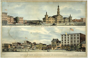 Two scenes from Baltimore, Maryland. The top scene depicts "Camden Station of the Baltimore & Ohio Rail Road. To Washington and the West. Prov. Marshal's Office 8. Army Corps. Col. John Wolley." The image shows a church next to the train station with a steam engine waiting for passengers, and Army troops performing a drill…
