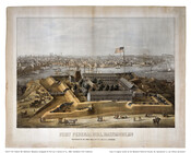 Panoramic view of Fort Federal Hill, showing the fort and the busy harbor in Baltimore, Maryland. The image is captioned "Garrisoned by the 129th Regt. NYV., Col. P. A. Porter."