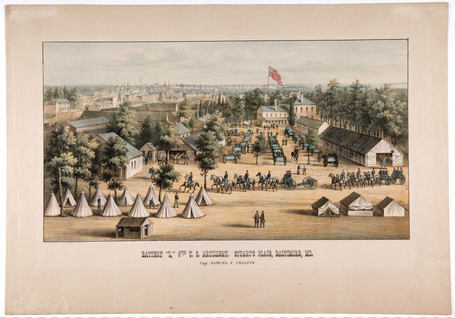Panorama of the Civil War military camp Battery "L", 5th U.S. Artillery. Steuart's Place, Baltimore, Maryland. Beneath the image is the name "Captain Samuel F. Chalfin." Includes a view of tents, stables, carriages, artillery carts, and surrounding buildings.