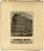 Depiction of the five-story bank building of John A. Hambleton & Co., a group of bankers and brokers once located at 20 South Street in Baltimore, Maryland. Visible at street level are carriages, horses, and pedestrians.