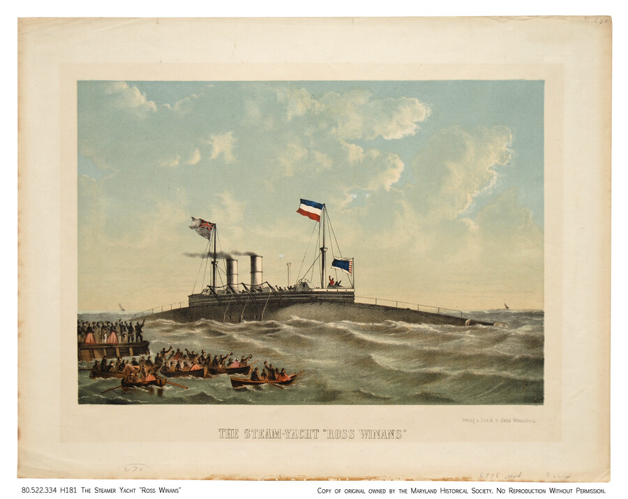 Depiction of the steam-powered yacht "Ross Winans" at sea. The ship was an iron-clad prototype whose unique shape inspired the name "cigar ship." Three flags fly above the yacht alongside two steam plumes and people can be seen waving from the deck. In the foreground are more people cheering atop a pier and from smaller…
