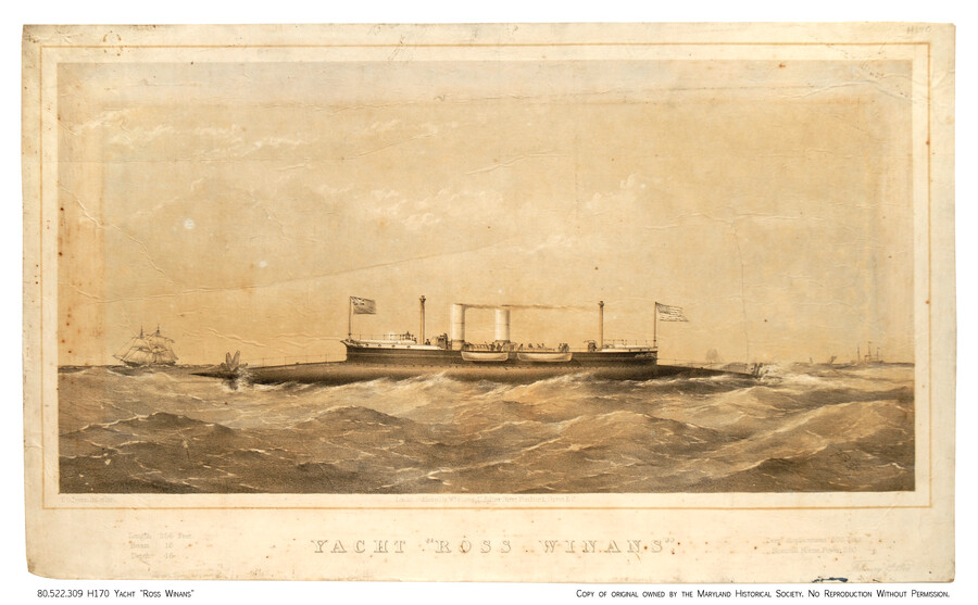 Depiction of the yacht "Ross Winans" at sea. The ship was an iron-clad prototype whose unique shape inspired the name "cigar ship." Two flags fly at each end of the yacht, on either side of two steam plumes. People can be seen on deck and other boats can be seen in the distance.